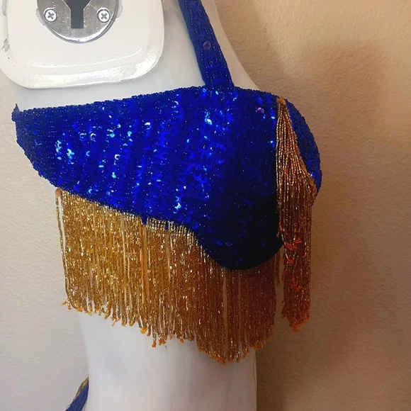 Belly Dancer Ornate Beaded Blue Gold Two Piece Bra Sheer Layered Tiered Skirt - Picture 5 of 13